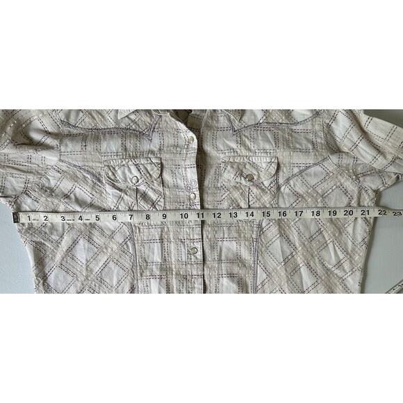 Wrangler Cream Metallic Thread Embroidered Cross Pearl Snap Shirt Ladies Large - Picture 8 of 10